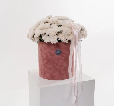 Подарочная коробка с белыми хризантемами (размер M)